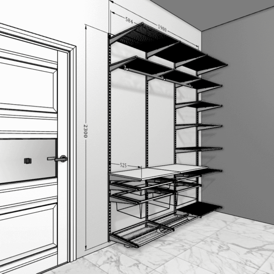 Прихожая в современном стиле с полками ЛДСП и сетчатыми элементами. Разделители и декор в стиле "светлое дерево". Идеально подходит для прихожей и гостиной. Встроенная конструкция с навесным креплением. Размеры: 1900 мм (длина) x 2300 мм (высота). Цвет: белый. Категории товара: Гардеробные системы хранения Аристо, Мебель для прихожей, Сетчатые гардеробные системы 7 Гардеробные комнаты на заказ - изготовление и продажа гардеробных, шкафов, дверей гардеробные,гардеробная,гардеробная система,гардеробная комната,гардеробная на заказ,гардеробная купить,двери в гардеробную