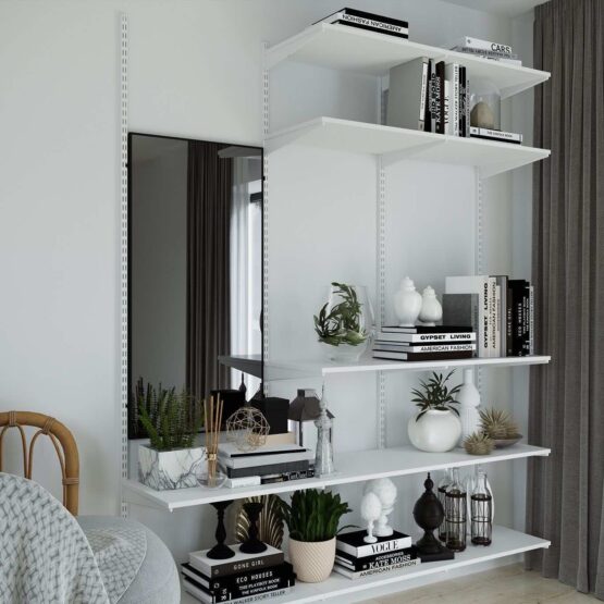 Настенное зеркало с полками ARISTO - стильное и практичное решение для вашего дома. Изящная узкая алюминиевая рама черного или белого цвета с деревянным декором придают зеркалу элегантный вид. Размеры зеркала 190x45x240 см, а толщина составляет 4 мм. Зеркало покрыто защитной пленкой для долговечности. В ассортименте представлены полки различных размеров из ЛДСП Egger. Это настенное зеркало идеально подходит для гостиной, прихожей, спальни и других помещений 3 Гардеробные комнаты на заказ - изготовление и продажа гардеробных, шкафов, дверей гардеробные,гардеробная,гардеробная система,гардеробная комната,гардеробная на заказ,гардеробная купить,двери в гардеробную