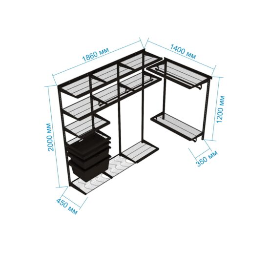 Гардеробная №21 - цвет Белый, Окрашенная сталь, Угловая, 140x186x200, 186x140x200, Гардеробная, Прихожая 3 Гардеробные комнаты на заказ - изготовление и продажа гардеробных, шкафов, дверей гардеробные,гардеробная,гардеробная система,гардеробная комната,гардеробная на заказ,гардеробная купить,двери в гардеробную