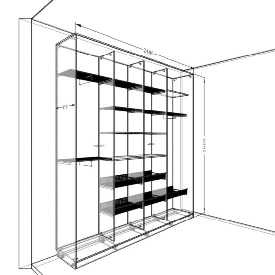 Шкаф-купе с зеркалом для девочки, уникальный дизайн, размер 240x45x260 см, подходит для гостиной, детской, прихожей и спальни. Шкаф изготовлен из материалов высокого качества с шагом изготовления всего 1 мм. Внутренняя отделка включает полки, корзины, вешала и другие элементы для удобства. Шкаф доступен в различных цветах, чтобы подчеркнуть индивидуальность и стиль вашего интерьера. Зеркальный шкаф не только украсит помещение, но и обеспечит практичность и доступ ко всем нужным вещам 4 Гардеробные комнаты на заказ - изготовление и продажа гардеробных, шкафов, дверей шкафы-купе-на-заказ