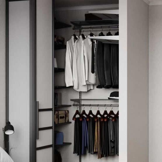 Шкаф со складными дверями в нише - компактное и элегантное решение для вашей гостиной, детской, прихожей или спальни. Размеры (ШхГхВ): 120x160x240 см. Внутри гардеробной вы найдете сетчатые полки различной длины, выдвижные сетчатые корзины и штанги для удобного хранения. Освещение гардеробной обеспечивается потолочным светильником. Складные двери из матированного стекла в алюминиевом профиле черного цвета придают шкафу элегантность и комфорт. Наш шкаф со складными дверями создается индивидуально под каждый проект с учетом особенностей помещения. Мы предлагаем два варианта внутреннего наполнения: на основе гардеробной системы ARISTO или на основе ЛДСП. Выберите стиль, материал и цвет, чтобы шкаф со складными дверями стал идеальным дополнением вашего интерьера 4 Гардеробные комнаты на заказ - изготовление и продажа гардеробных, шкафов, дверей купе