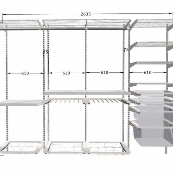 Шкаф-купе в спальню – профиль Flat, цвет «Белый матовый», размер 260x65x260 см, с дверями из крашеного стекла и зеркалом, внутреннее наполнение ARISTO, гардеробная система в декоре «Белое дерево» 3 Гардеробные комнаты на заказ - изготовление и продажа гардеробных, шкафов, дверей купе