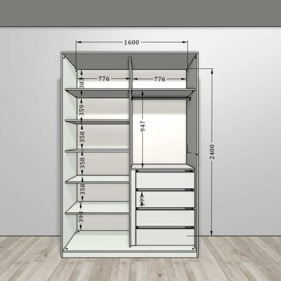 Шкаф-купе NOVA – цвет White base-Bianco (Белый базовый-Бьянко) 160x65x240 см. Современный стиль, функциональность и комфорт. Индивидуальное изготовление под каждый проект. Простая геометрия, минималистичный дизайн. Внутреннее наполнение на выбор: сетчатые стальные полки и корзины ARISTO или ЛДСП полки и выдвижные ящики. Белый матовый цвет подчеркивает стиль и гармонию. Подходит для гардеробной, гостиной, детской, прихожей и спальни 5 Гардеробные комнаты на заказ - изготовление и продажа гардеробных, шкафов, дверей купе