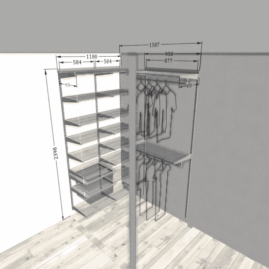 Шкаф со складными дверями в нише - компактное и элегантное решение для вашей гостиной, детской, прихожей или спальни. Размеры (ШхГхВ): 120x160x240 см. Внутри гардеробной вы найдете сетчатые полки различной длины, выдвижные сетчатые корзины и штанги для удобного хранения. Освещение гардеробной обеспечивается потолочным светильником. Складные двери из матированного стекла в алюминиевом профиле черного цвета придают шкафу элегантность и комфорт. Наш шкаф со складными дверями создается индивидуально под каждый проект с учетом особенностей помещения. Мы предлагаем два варианта внутреннего наполнения: на основе гардеробной системы ARISTO или на основе ЛДСП. Выберите стиль, материал и цвет, чтобы шкаф со складными дверями стал идеальным дополнением вашего интерьера 6 Гардеробные комнаты на заказ - изготовление и продажа гардеробных, шкафов, дверей шкафы-купе-на-заказ