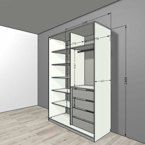Шкаф-купе NOVA – цвет White base-Bianco (Белый базовый-Бьянко) 160x65x240 см. Современный стиль, функциональность и комфорт. Индивидуальное изготовление под каждый проект. Простая геометрия, минималистичный дизайн. Внутреннее наполнение на выбор: сетчатые стальные полки и корзины ARISTO или ЛДСП полки и выдвижные ящики. Белый матовый цвет подчеркивает стиль и гармонию. Подходит для гардеробной, гостиной, детской, прихожей и спальни 6 Гардеробные комнаты на заказ - изготовление и продажа гардеробных, шкафов, дверей шкафы-купе
