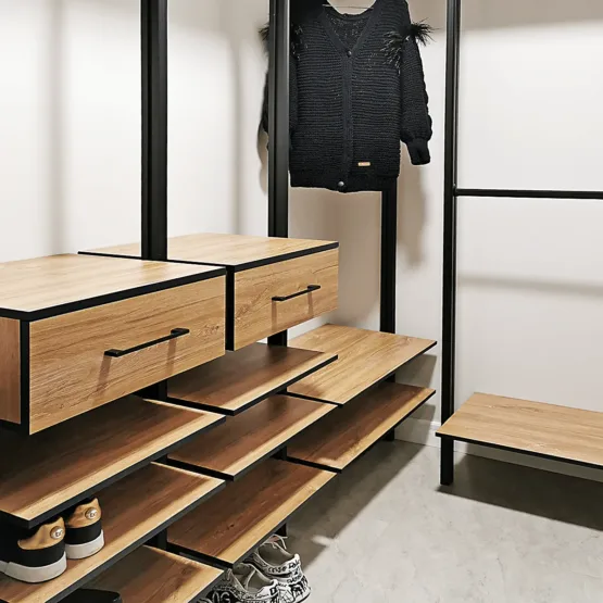 Открытая гардеробная система хранения из тёплого дерева и металла 4 Гардеробные комнаты на заказ - изготовление и продажа гардеробных, шкафов, дверей Гардеробная для прихожей.