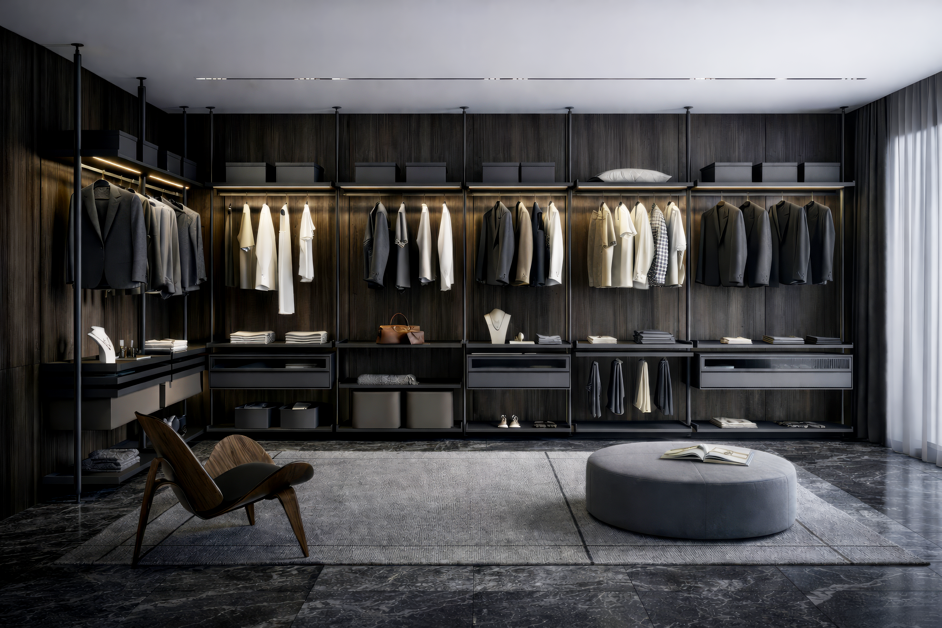 Интерьер гардеробной системы на заказ: минимализм, чёткие линии, порядок