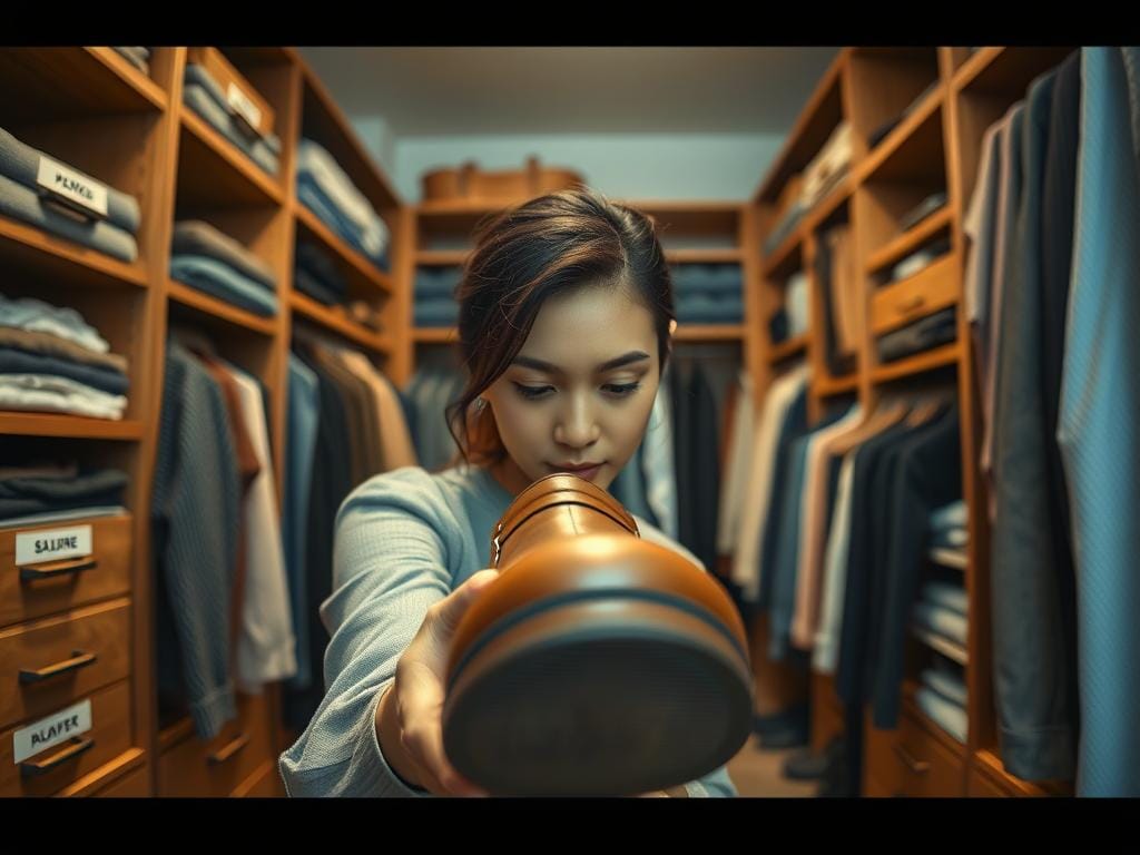 Wide-angle shot of a premium, well-organized walk-in wardrobe interior with labeled storage drawers and wooden shelves. Clothes neatly arranged by color and season. At the center of the composition is an extreme close-up focused on a young woman aged 23–25, deeply concentrating on a shoe made of natural leather. Soft, diffused daylight illuminates the space. The image conveys a premium feel with a touch of artistic disorder, captured in realistic colors. New Americana style. Shot with Sony Alpha 7R IV, 85mm f/1.8 lens for sharpness and crisp detail. Обувь из натуральной кожи
