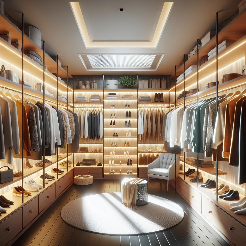 The lighting in the walk-in closet functions not just as a cozy element, but solves many tasks: a properly selected LED creates an accent on the chosen clothing without distorting colors. This is convenient both for selecting outfits and for preserving the fabrics. The lighting in the walk-in closet functions not just as a cozy element, but solves many tasks: a properly selected LED creates an accent on the chosen clothing without distorting colors. This is convenient both for selecting outfits and for preserving the fabrics.фото