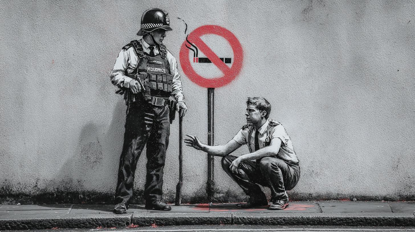 You are the best specialist and student of the English artist Banksy. The image is square format. The execution style is a sketch in Banksy's style. A cigarette crossed out diagonally in a circle on a no parking sign, and an English policeman wearing a helmet and holding a baton in his hands, tapping his palm while looking at the camera. You are the best specialist and student of the English artist Banksy. The image is square format. The execution style is a sketch in Banksy's style. A cigarette crossed out diagonally in a circle on a no parking sign, and an English policeman wearing a helmet and holding a baton in his hands, tapping his palm while looking at the camera.фото