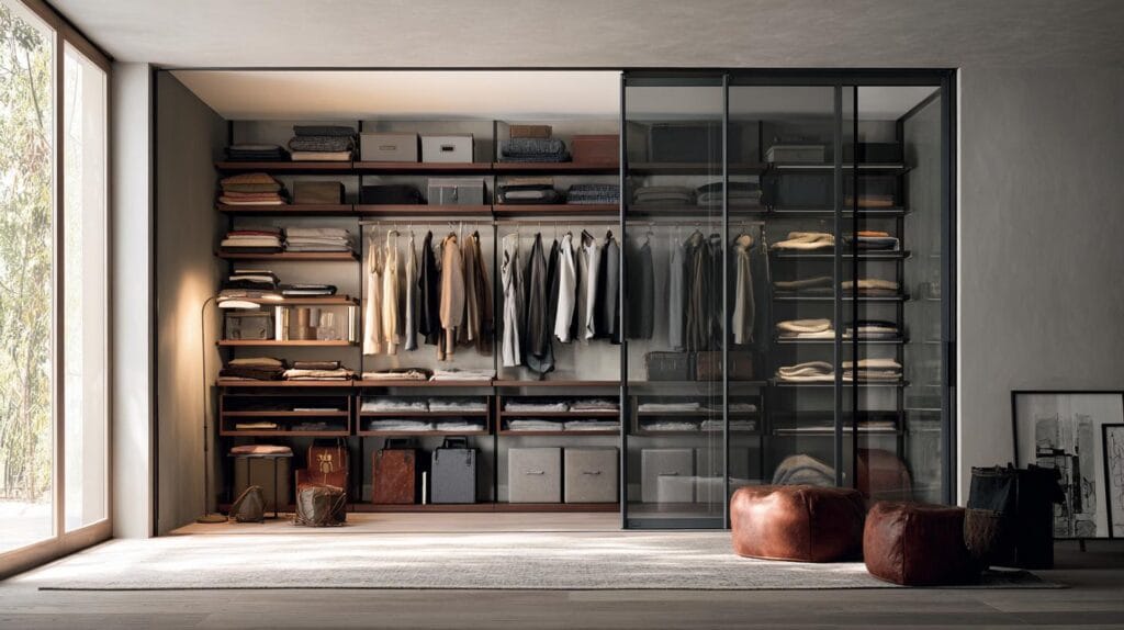 Гардеробные системы: пространство, которое живёт не по правилам шкафа Гардеробная комната на заказ с раздвижными дверями, вмещающая стильную гардеробную систему для хранения одежды и аксессуаров.