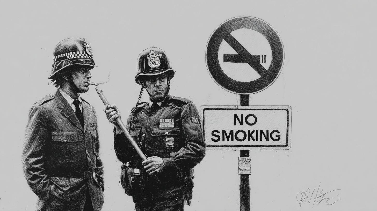You are the best specialist, student, and imitator of the English artist Banksy. The image is square format. The execution style is a sketch with clear, contrasting lines in Banksy's style, in black and white. The stylization features a smoky cigarette crossed out diagonally inside a circle on a no-parking sign, with a sign below reading "NO SMOKING." Next to it stands an English policeman wearing a helmet and holding a baton, tapping his palm with the baton while looking at the camera. The background of the image is light, and the atmosphere corresponds to Banksy's stylistic works. You are the best specialist, student, and imitator of the English artist Banksy. The image is square format. The execution style is a sketch with clear, contrasting lines in Banksy's style, in black and white. The stylization features a smoky cigarette crossed out diagonally inside a circle on a no-parking sign, with a sign below reading "NO SMOKING." Next to it stands an English policeman wearing a helmet and holding a baton, tapping his palm with the baton while looking at the camera. The background of the image is light, and the atmosphere corresponds to Banksy's stylistic works.фото