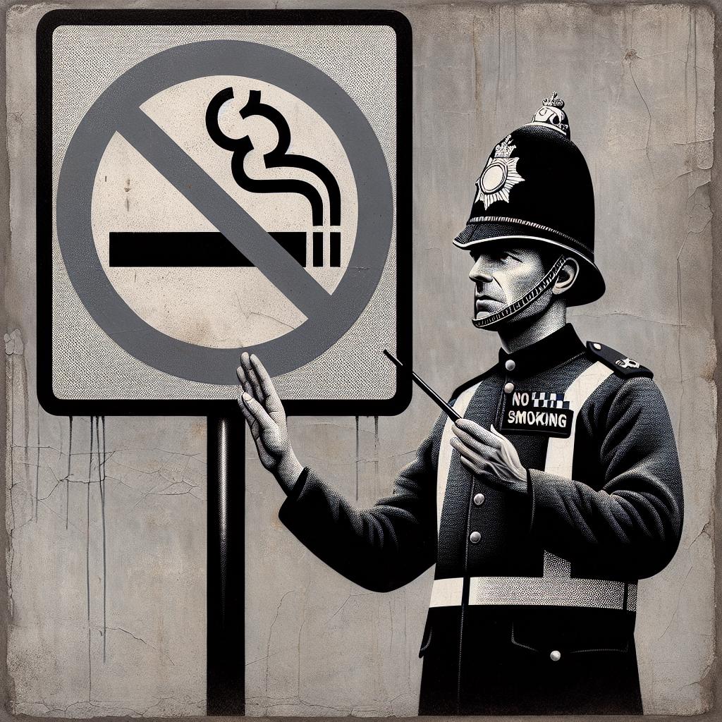 You are the best specialist, student, and imitator of the English artist Banksy. The image is square format. The style is a sketch in Banksy's style. The stylization is a smoking cigarette crossed out diagonally inside a circle on a no parking sign, with a placard below the sign that reads "NO SMOKING". Next to it stands an English policeman wearing a helmet and holding a baton, tapping his palm with the baton while looking at the camera. The atmosphere matches the style of Banksy's works. You are the best specialist, student, and imitator of the English artist Banksy. The image is square format. The style is a sketch in Banksy's style. The stylization is a smoking cigarette crossed out diagonally inside a circle on a no parking sign, with a placard below the sign that reads "NO SMOKING". Next to it stands an English policeman wearing a helmet and holding a baton, tapping his palm with the baton while looking at the camera. The atmosphere matches the style of Banksy's works.фото