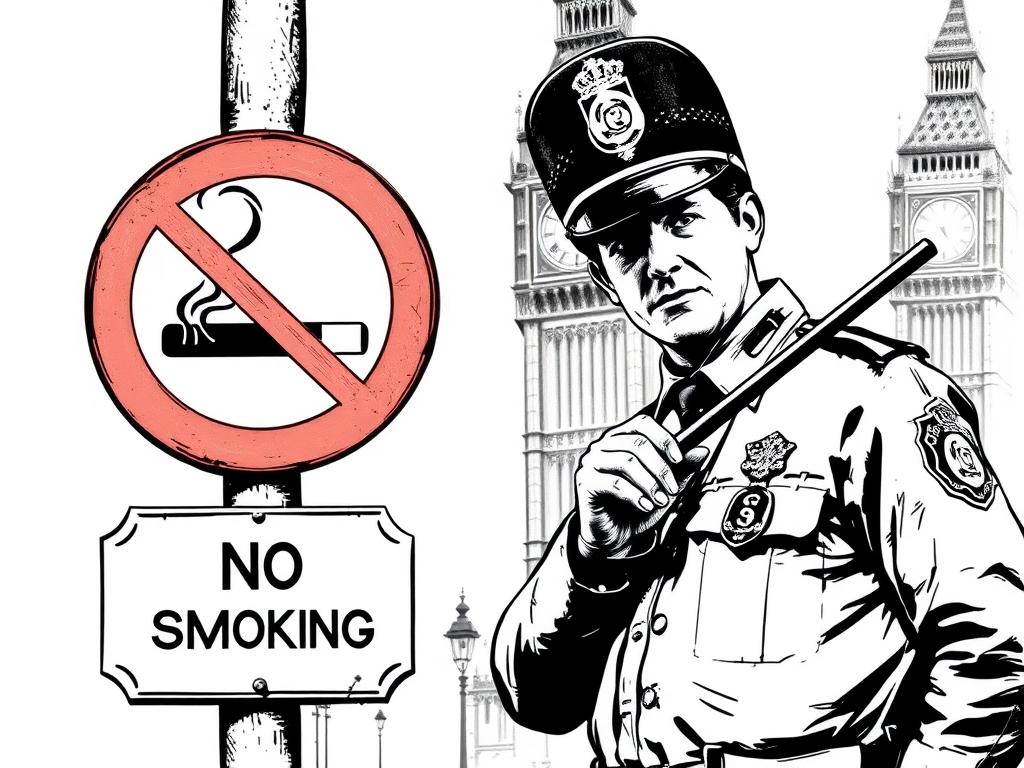 You are the best specialist and student of the English artist Banksy. Image - square format. Execution style - sketch in Banksy's style. Stylization is crossed out diagonally by a smoking cigarette inside a circle on a no parking sign; below the sign, a plaque with the inscription NO SMOKING. Next to it, an English policeman wearing a helmet and holding a baton, tapping his palm with the baton, looking at the camera. Big Ben in the background! You are the best specialist and student of the English artist Banksy. Image - square format. Execution style - sketch in Banksy's style. Stylization is crossed out diagonally by a smoking cigarette inside a circle on a no parking sign; below the sign, a plaque with the inscription NO SMOKING. Next to it, an English policeman wearing a helmet and holding a baton, tapping his palm with the baton, looking at the camera. Big Ben in the background!фото