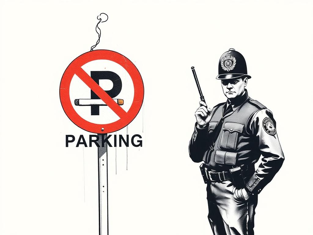 You are the best specialist and student of the English artist Banksy. Image - square format. Execution style is a sketch in Banksy's style. Stylization crossed out diagonally, a cigarette in a circle on the no parking sign, and an English policeman in a helmet holding a baton, tapping his palm and looking at the camera. You are the best specialist and student of the English artist Banksy. Image - square format. Execution style is a sketch in Banksy's style. Stylization crossed out diagonally, a cigarette in a circle on the no parking sign, and an English policeman in a helmet holding a baton, tapping his palm and looking at the camera.фото