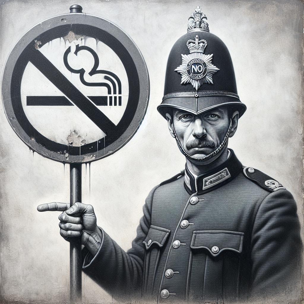 You are the best specialist and student of the English artist Banksy. The image is square format. The style is a sketch in Banksy's style. The stylization features a cigarette crossed out diagonally inside a circle on a no parking sign, with a plate below the sign reading NO SMOKING. Next to it is an English policeman wearing a helmet and holding a baton, tapping his palm with the baton while looking at the camera. You are the best specialist and student of the English artist Banksy. The image is square format. The style is a sketch in Banksy's style. The stylization features a cigarette crossed out diagonally inside a circle on a no parking sign, with a plate below the sign reading NO SMOKING. Next to it is an English policeman wearing a helmet and holding a baton, tapping his palm with the baton while looking at the camera.фото