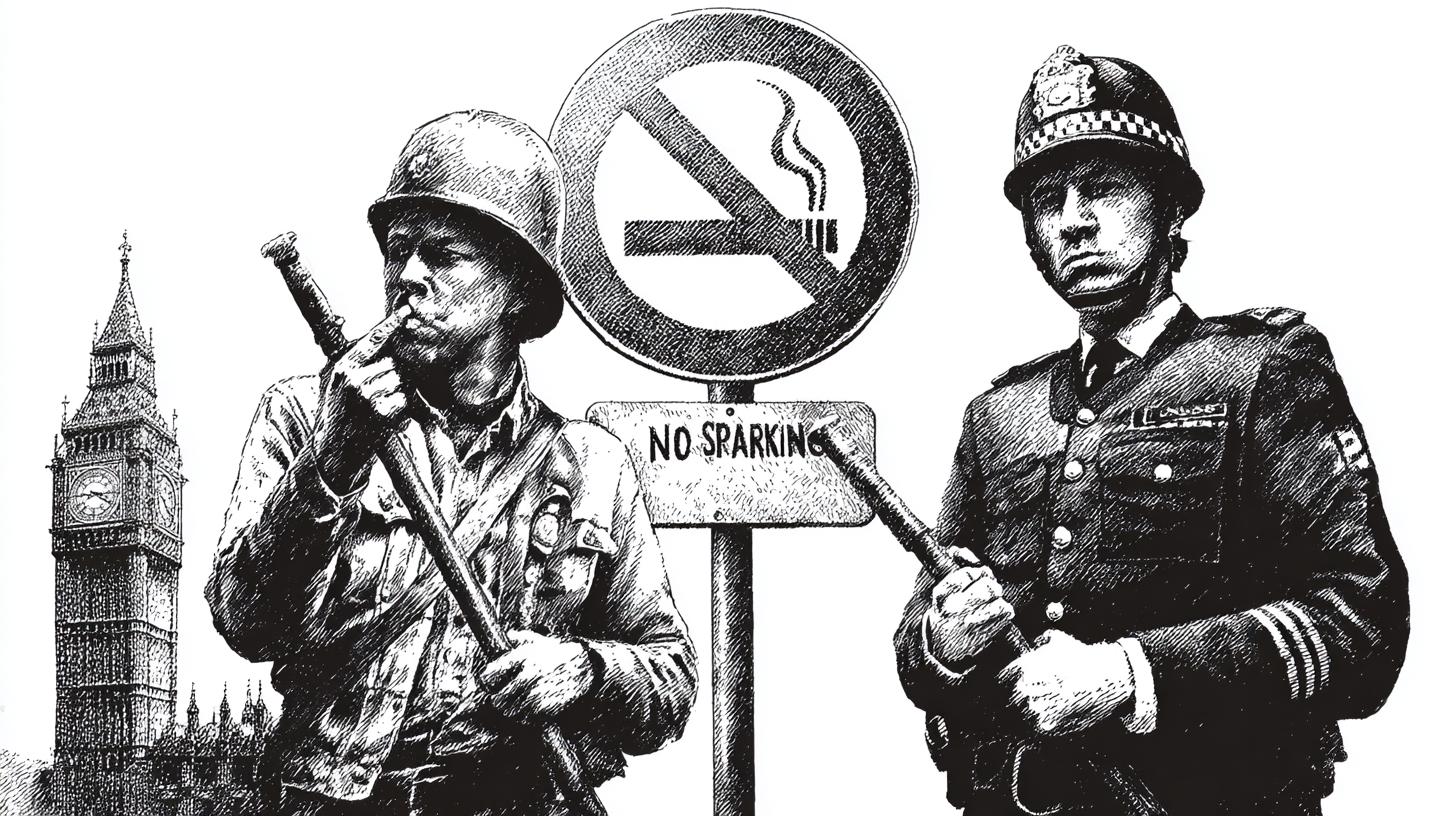 You are the best specialist and student of the English artist Banksy. Image - square format. Execution style - sketch in the style of Banksy. Stylization: a smoking cigarette crossed out diagonally in a circle on a no parking sign, below the sign is a plaque with the inscription NO SMOKING. Next to it, an English policeman in a helmet holding a baton, tapping his palm with the baton, looking at the camera. Big Ben in the background. You are the best specialist and student of the English artist Banksy. Image - square format. Execution style - sketch in the style of Banksy. Stylization: a smoking cigarette crossed out diagonally in a circle on a no parking sign, below the sign is a plaque with the inscription NO SMOKING. Next to it, an English policeman in a helmet holding a baton, tapping his palm with the baton, looking at the camera. Big Ben in the background.фото