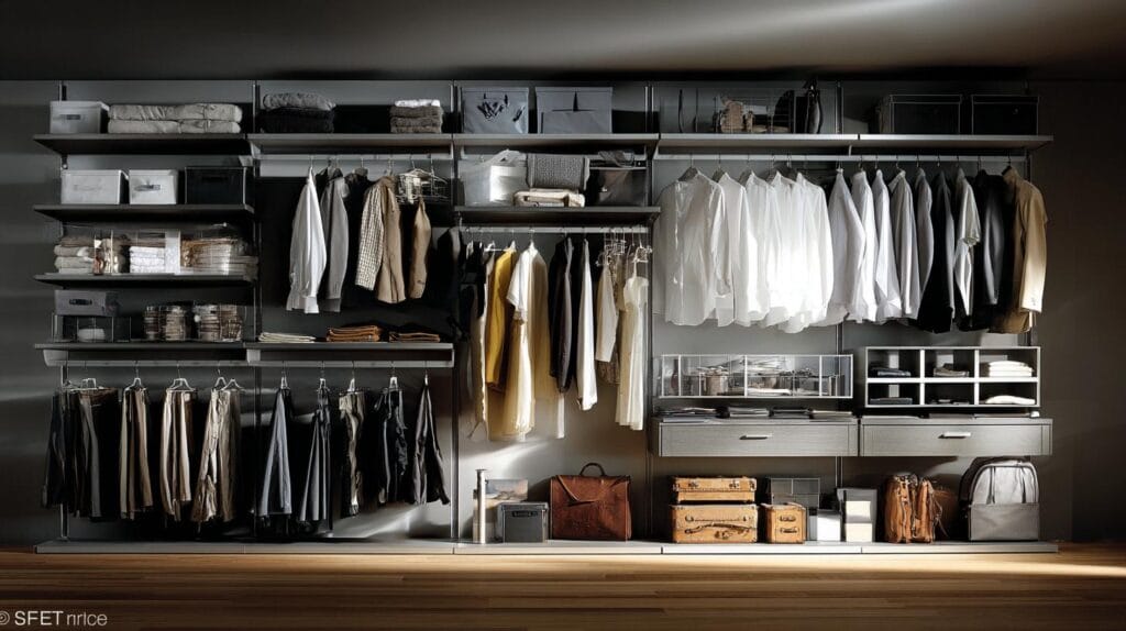 Практичность открытых гардеробных систем - Быстрее и Удобнее собираться. Так открытая гардеробная система меняет утро и пространство 2 Гардеробные комнаты на заказ - изготовление и продажа гардеробных, шкафов, дверей Модульные открытые гардеробные системы от GARDEROBEMASTER (Rimadesio Zenit стиль)