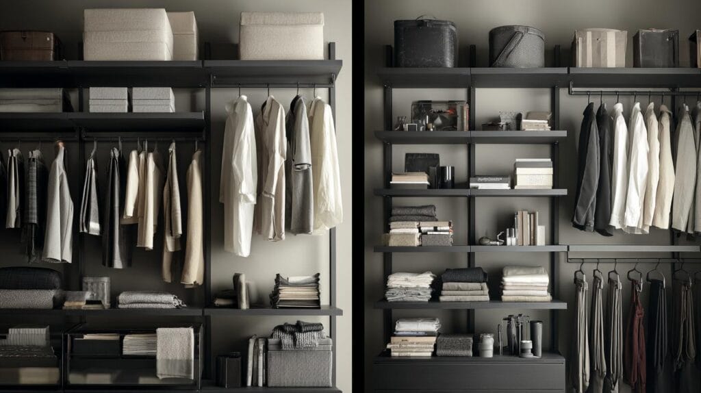 Практичность открытых гардеробных систем - Быстрее и Удобнее собираться. Так открытая гардеробная система меняет утро и пространство 3 Гардеробные комнаты на заказ - изготовление и продажа гардеробных, шкафов, дверей Модульные открытые гардеробные системы от GARDEROBEMASTER (Rimadesio Zenit стиль)