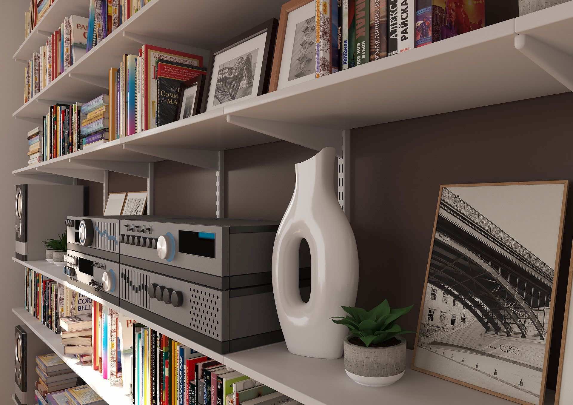 Стеллажная система для библиотеки и медиазоны во всю стену