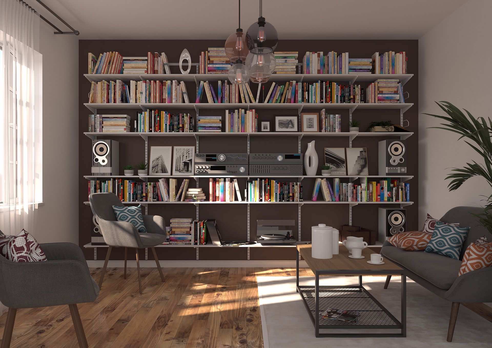 Стеллажная система для библиотеки и медиазоны во всю стену