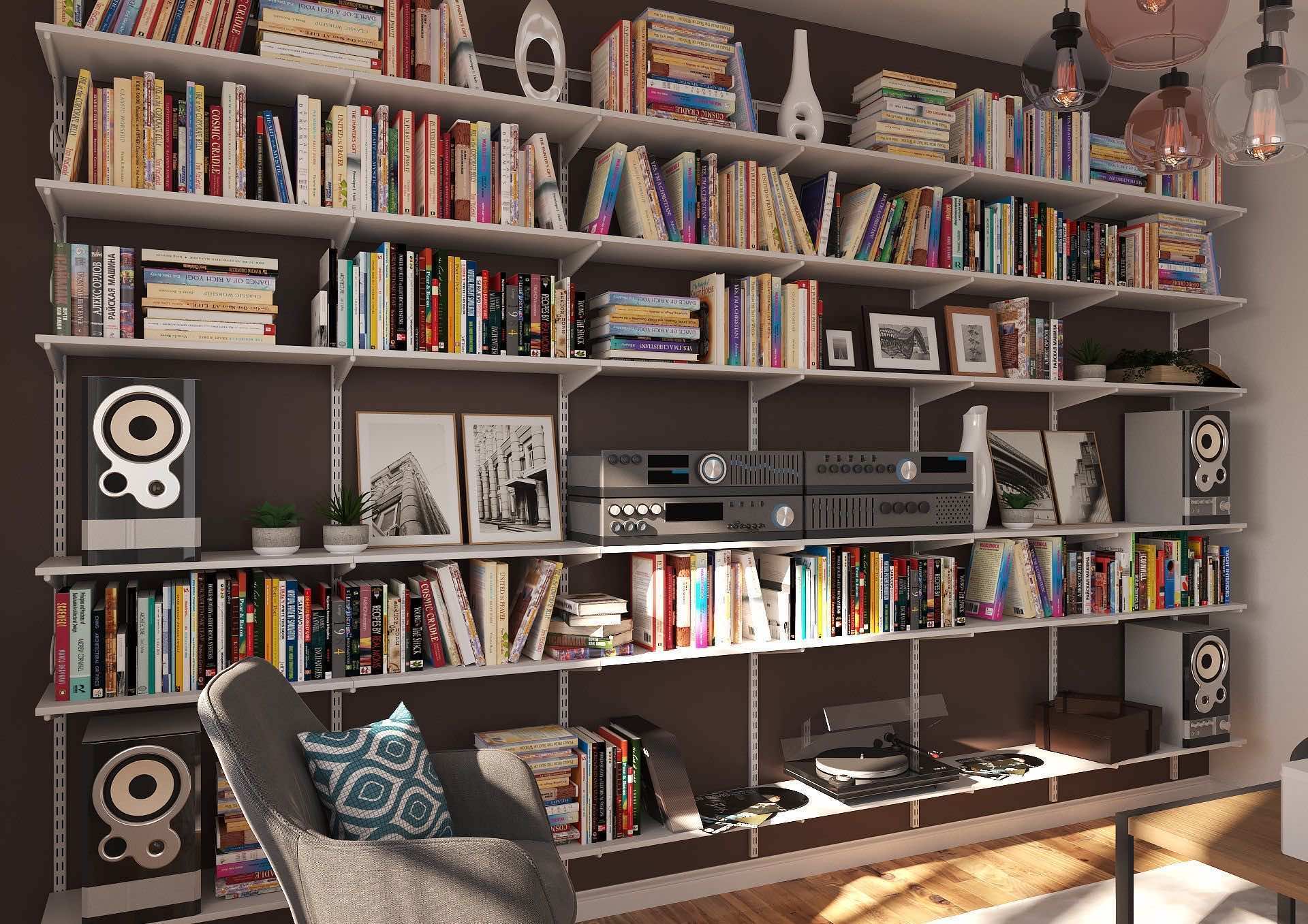 Стеллажная система для библиотеки и медиазоны во всю стену