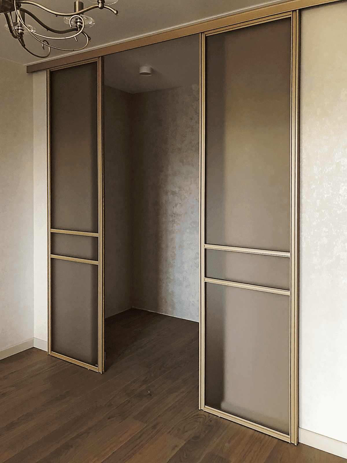 Стеклянные двери в гардеробную с черным профилем