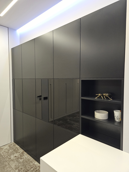 Встроенная корпусная мебель в современном интерьере: матовые чёрные фасады во всю стену с интегрированными вертикальными ручками, комбинация глухих секций и открытых ниш для декора, аккуратная подсветка по потолку подчёркивает геометрию композиции и глубину цвета.