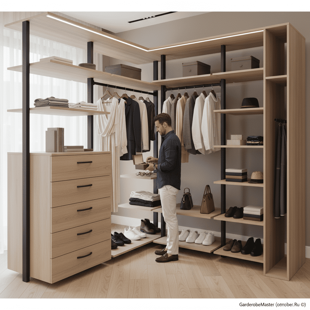 Гардеробная система хранения Vitra black с алюминиевыми профилями и LED подсветкой