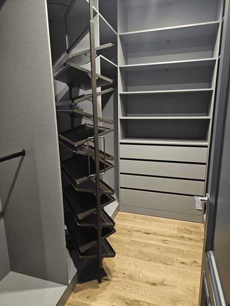 Функциональная гардеробная система с полками и выдвижными ящиками в сером текстиле