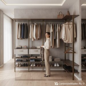 Открытая гардеробная система с ритмом вертикалей и интегрированными зонами хранения