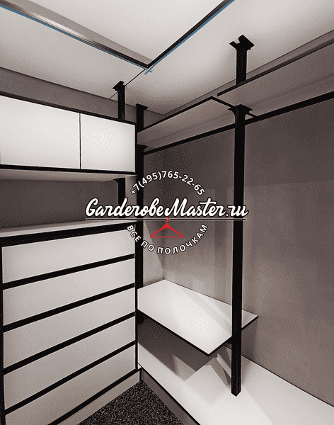 Фрагмент гардеробной с акцентом на угловую секцию хранения, чёрные стойки, белые полки и выдвижные элементы, подчёркнутая архитектурность конструкции
