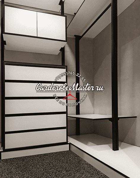 Деталь гардеробной системы с выдвижными ящиками и верхними шкафами, чёткие линии, контраст белых поверхностей и чёрного металла, минималистичный стиль