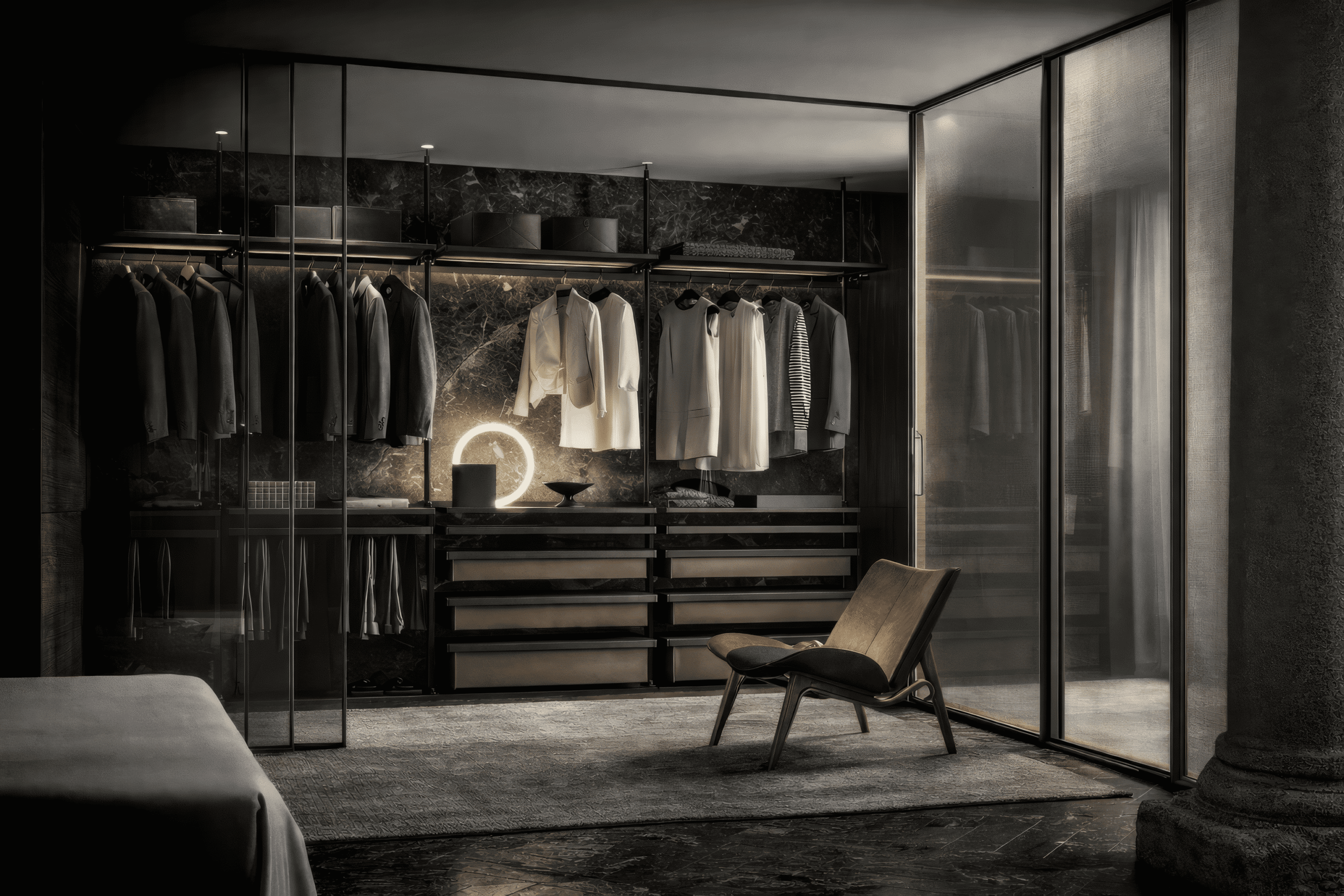 Интерьер с аккуратной системой хранения в современном стиле