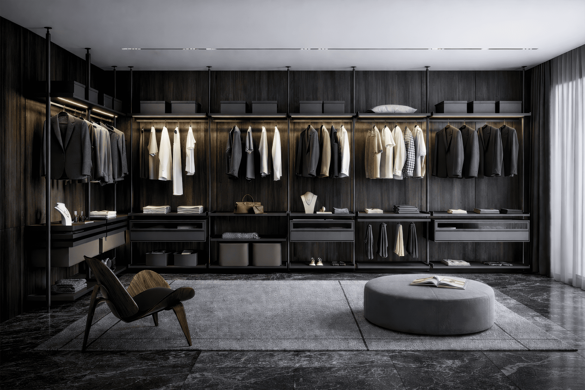 Интерьер гардеробной системы на заказ: минимализм, чёткие линии, порядок