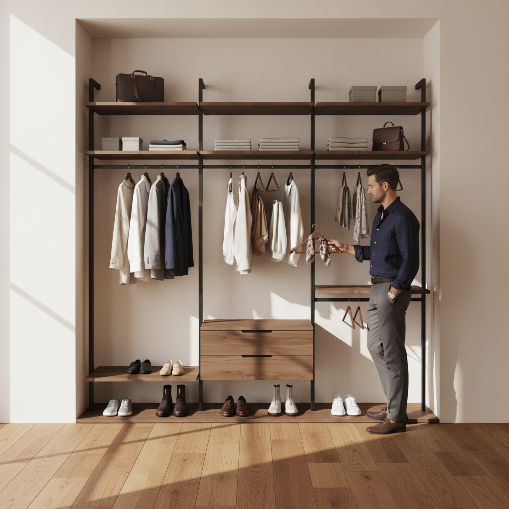 Гардеробная система Vitra Black на металлических стойках с ЛДСП Egger — ракурс 2, гардеробная на заказ