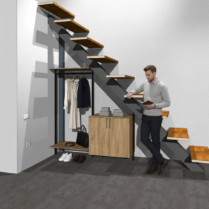 Мини-гардеробная на стойках Vitra Black под лестницей в салоне красоты — гардеробные системы — основной вид, гардеробная на заказ