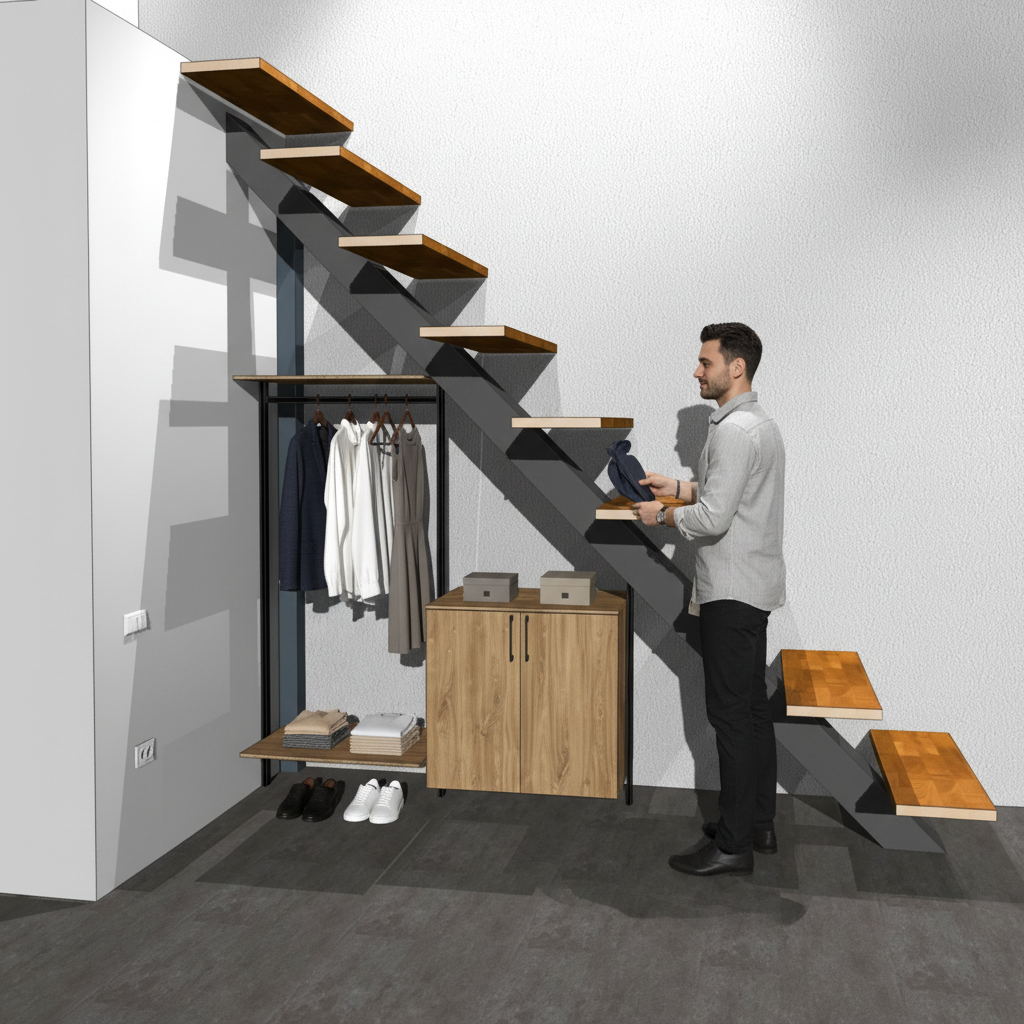 Мини-гардеробная на стойках Vitra Black под лестницей в салоне красоты