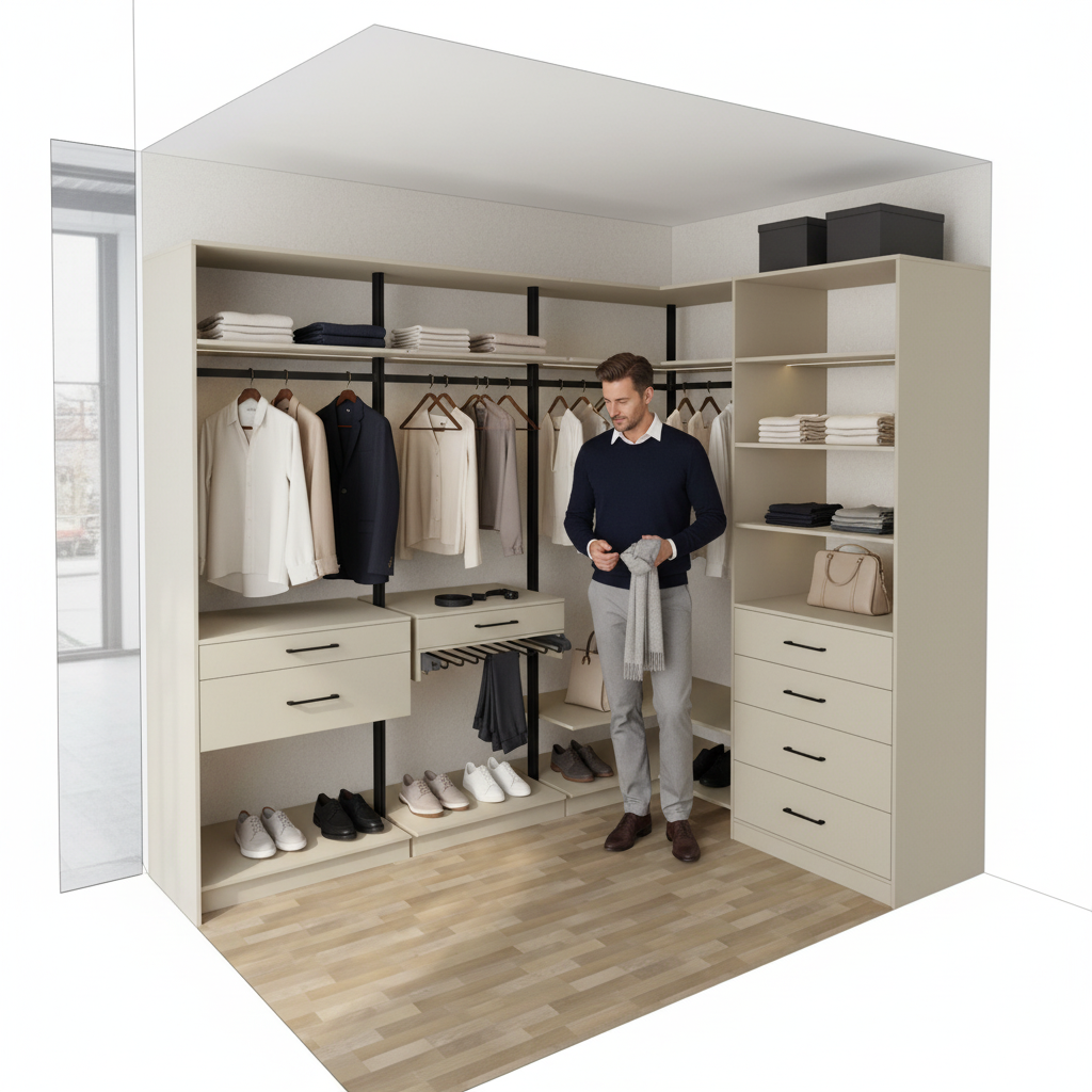 Гардеробная на стойках Vitra Black с бежевым декором Egger