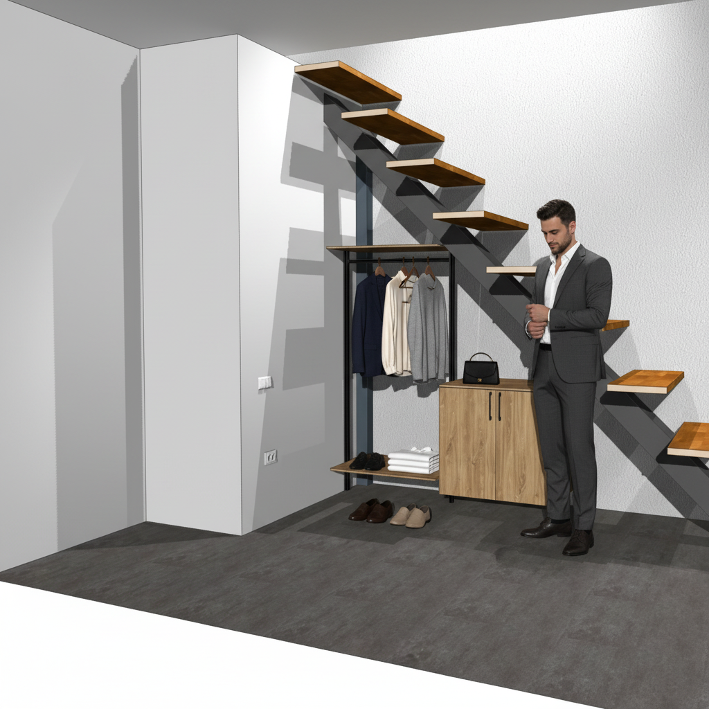 Мини-гардеробная на стойках Vitra Black под лестницей в салоне красоты
