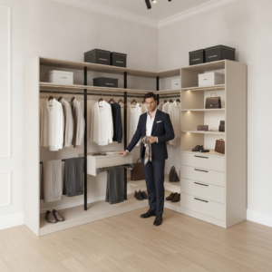 Гардеробная система Vitra Black на металлических стойках с ЛДСП Egger — гардеробные системы — основной вид, гардеробная на заказ