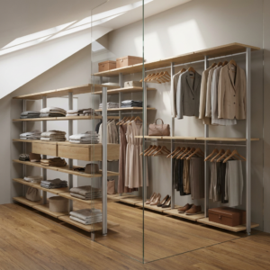 Гардеробная система VITRA ALUM с ЛДСП Egger в мансардном помещении — ракурс 1