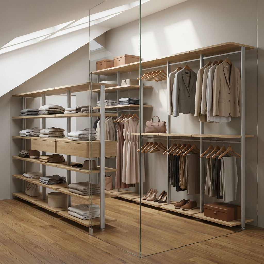 Гардеробная система VITRA ALUM с ЛДСП Egger в мансардном помещении — ракурс 1