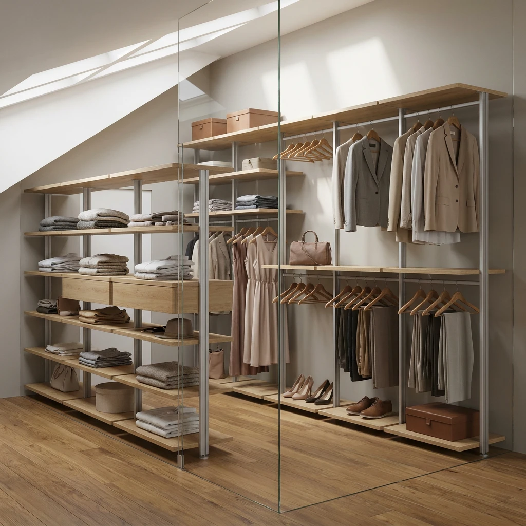 Гардеробная система VITRA ALUM с ЛДСП Egger в мансардном помещении — ракурс 1