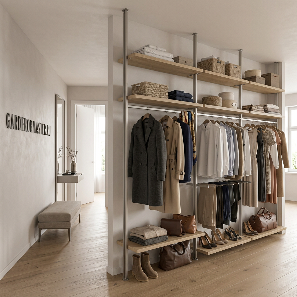 Гардеробная система Vitra Alum N11 с ЛДСП Egger, открытая интерьерная конструкция — сгенерированное изображение 1