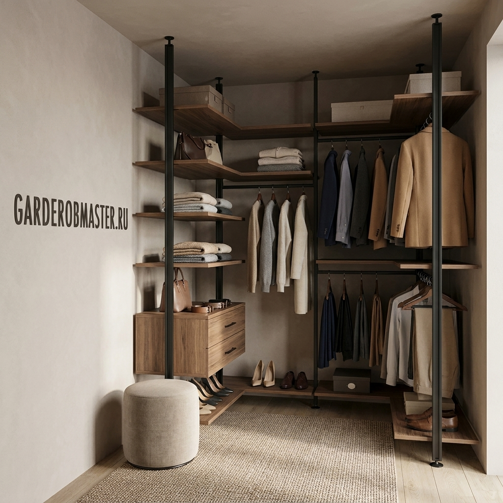 Гардеробная на стойках Vitra черного цвета с отделкой Орех Линкольн — сгенерированное изображение 1