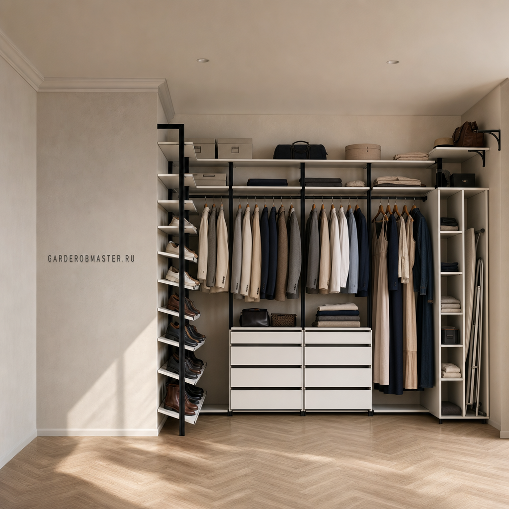 Гардеробная на стойках Vitra Black из ЛДСП белого цвета — гардеробные системы — основной вид, гардеробная на заказ