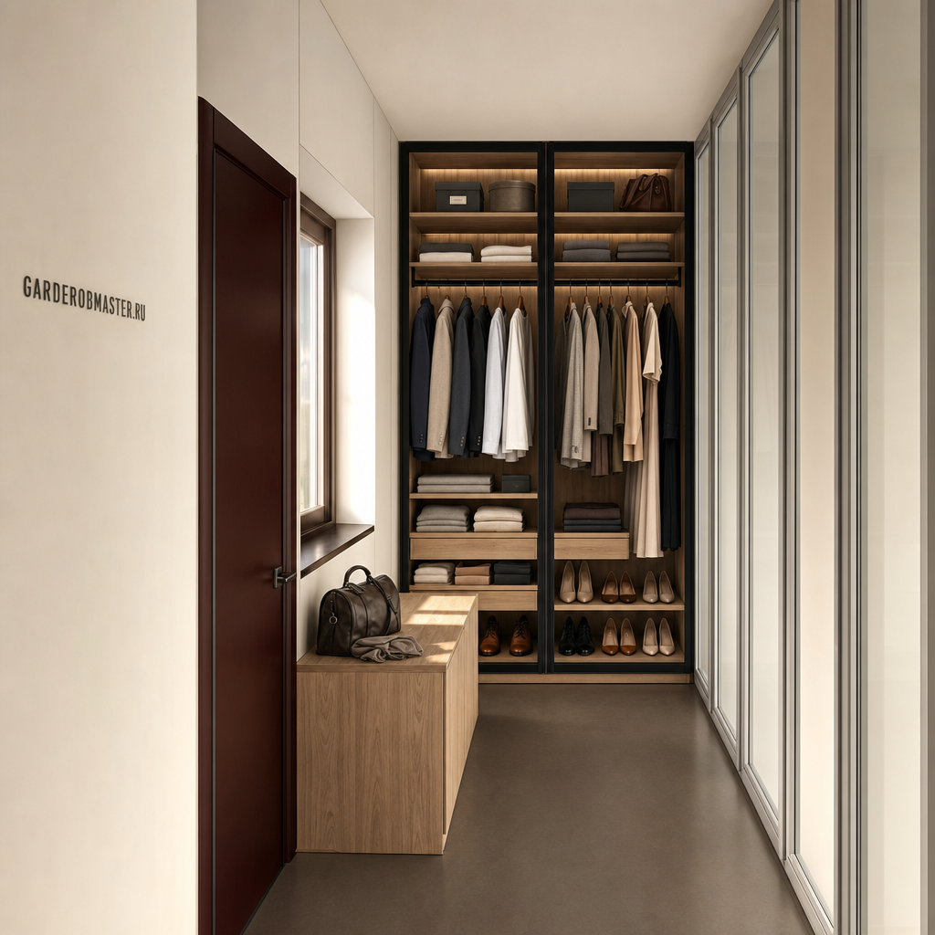 Гардеробная на стойках VITRA с распашными дверями на балконе