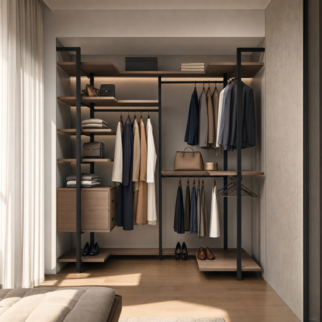 Гардеробная на стойках Vitra черного цвета с отделкой Орех Линкольн — ракурс 2, гардеробная на заказ