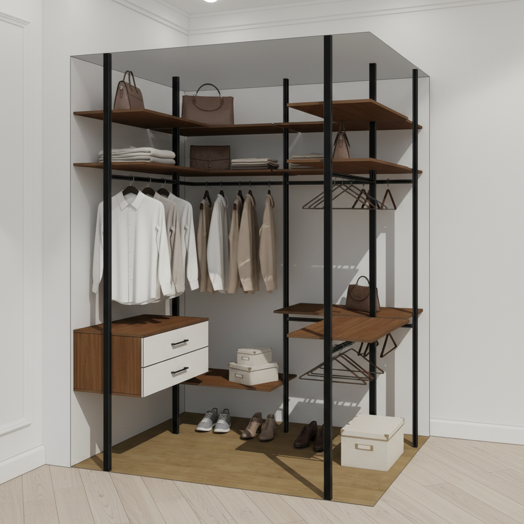 Гардеробная система с металлическими стойками и ЛДСП Egger 185x168x260 см — сгенерированное изображение 2